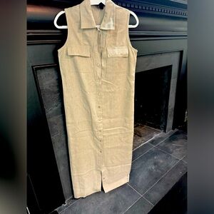 70s long Button down collared khaki tan linen dress